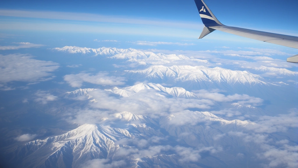 Colorado mountain landscape from airplane window, snow-capped peaks, clouds below, scenic aerial view of Rocky Mountains, travel adventure perspective