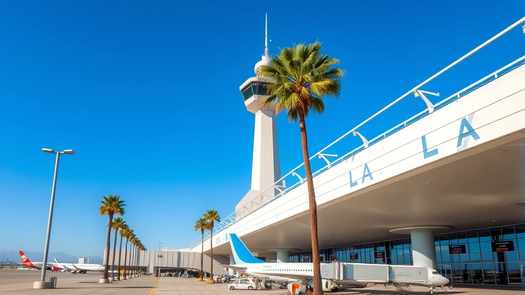 Los Angeles International Airport LAX terminal with modern architecture, palm trees, aircraft at gates, blue sky, contemporary travel hub infrastructure