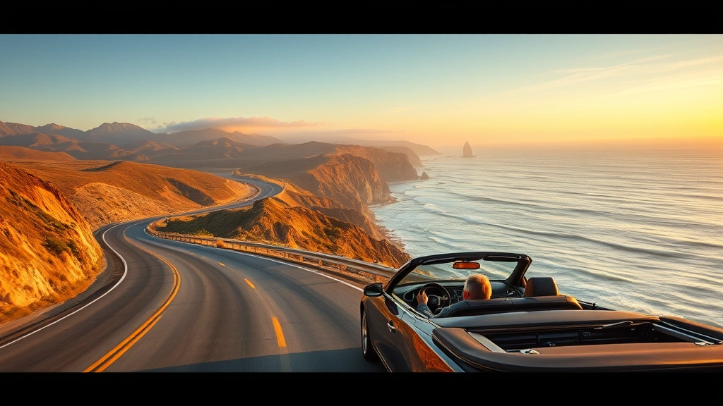 Pacific Coast Highway PCH coastal drive with convertible car on winding road, ocean cliffs, golden California sunset, coastal beauty scenic vista