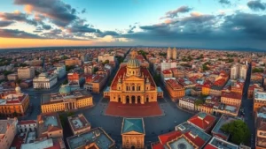 Aerial panoramic view of Mexico City's historic center with the Zócalo plaza, Metropolitan Cathedral, and surrounding colonial architecture at golden hour sunset, vibrant cityscape