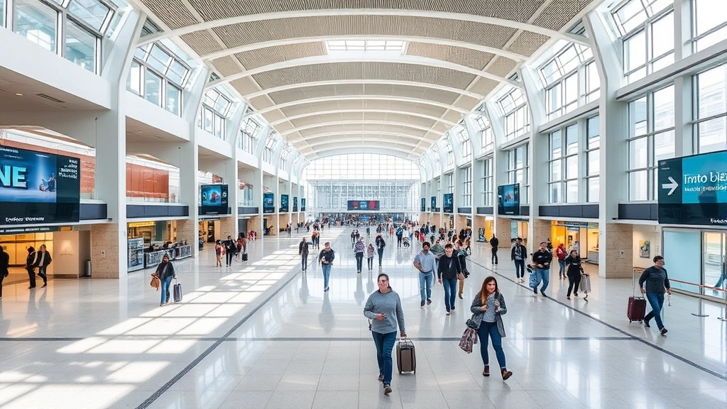 Modern terminal interior of Mexico City's Benito Juárez International Airport with travelers walking through contemporary architecture, bright natural lighting, bustling atmosphere