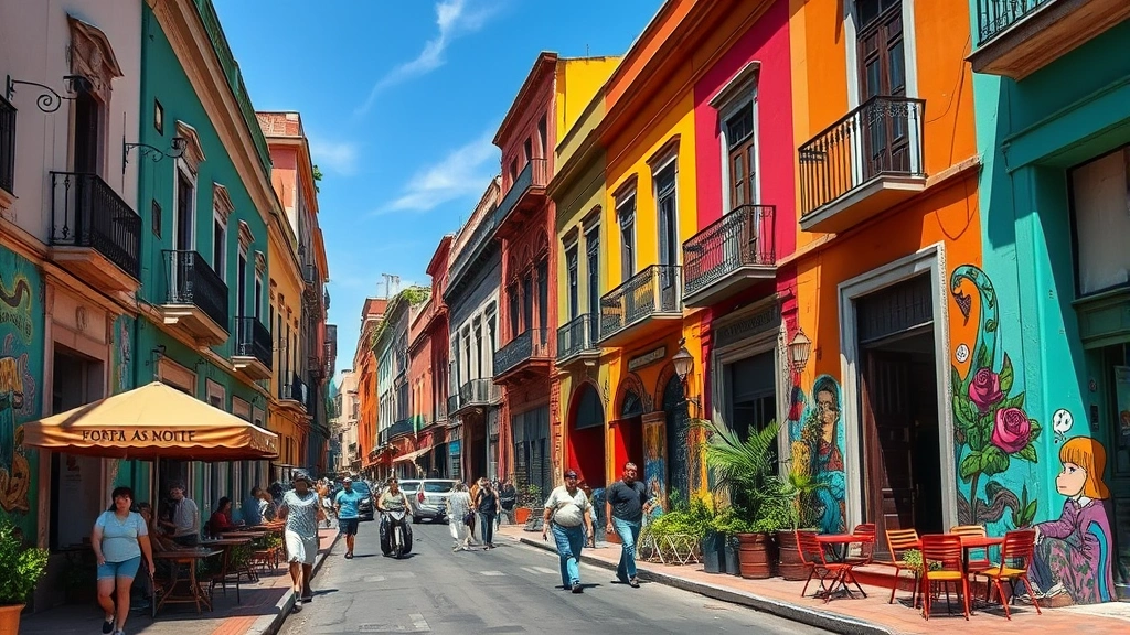 Colorful street scene in Roma Norte neighborhood of Mexico City showing colonial buildings, pedestrians, outdoor cafes, and vibrant street art, authentic local atmosphere at daytime
