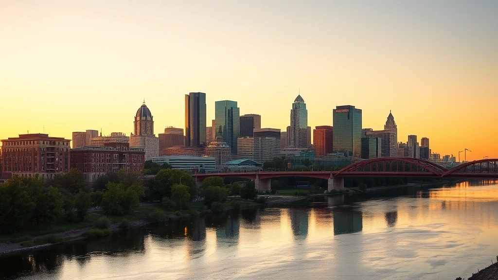 Minneapolis skyline featuring Stone Arch Bridge and Mississippi River at golden hour, vibrant downtown reflection in water