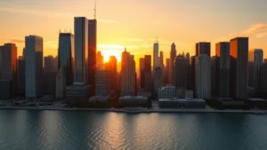 Aerial view of Chicago skyline at sunset with Lake Michigan, modern skyscrapers reflecting golden hour light, urban landscape photography, no text or signage visible