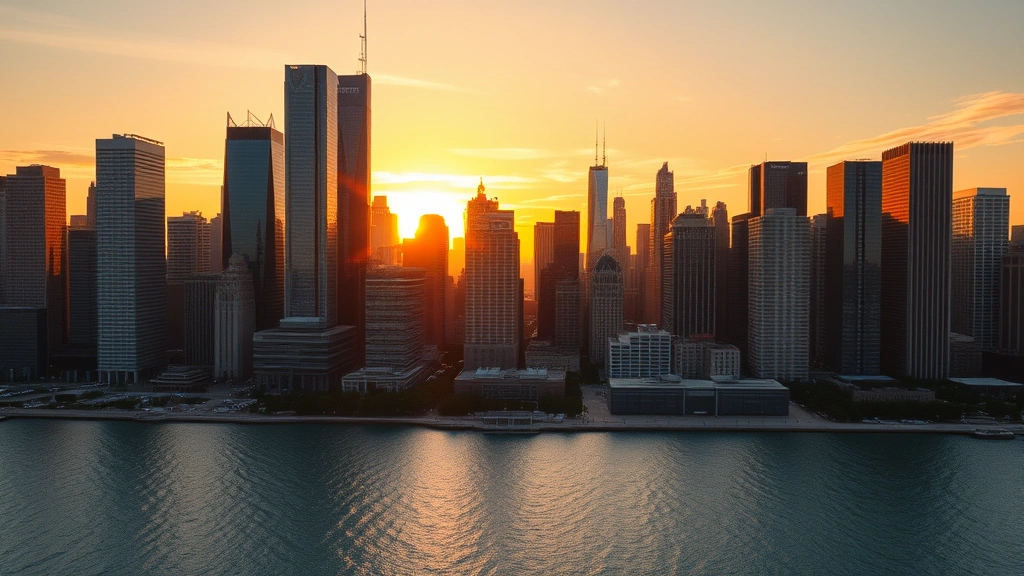 Aerial view of Chicago skyline at sunset with Lake Michigan, modern skyscrapers reflecting golden hour light, urban landscape photography, no text or signage visible