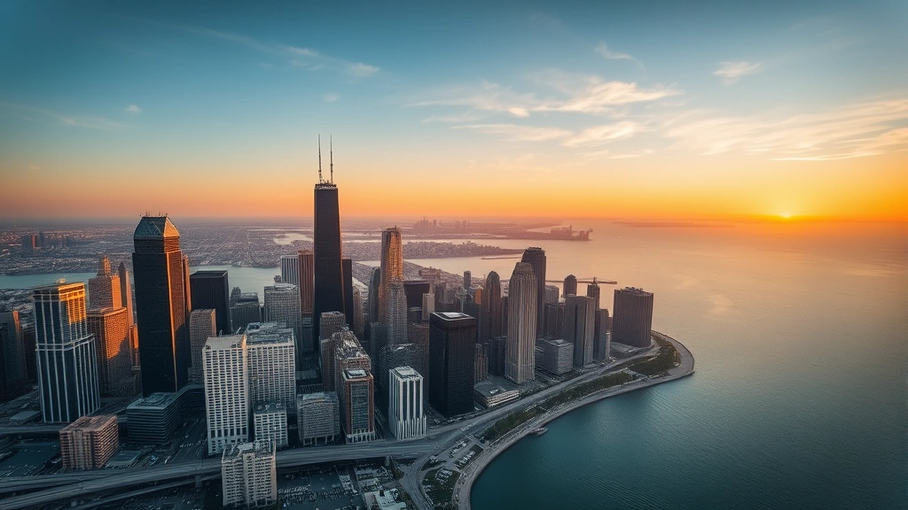Aerial view of Chicago skyline with Lake Michigan at sunrise, modern skyscrapers reflecting golden light, urban landscape photography
