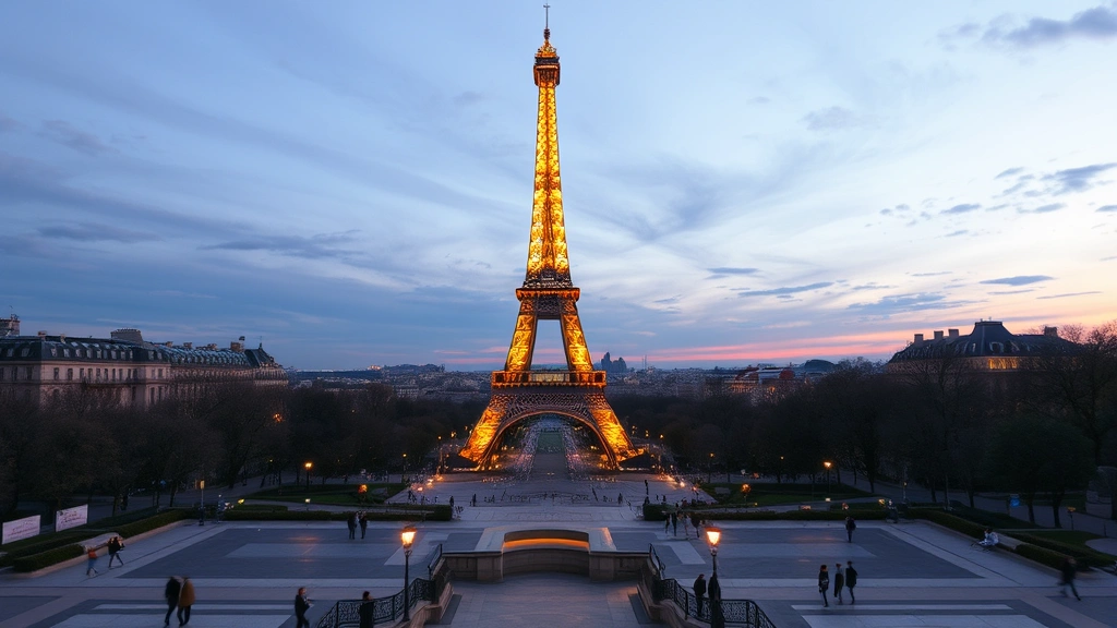 Eiffel Tower viewed from Trocadéro plaza at golden hour, romantic Parisian evening, soft warm lighting over the iron monument