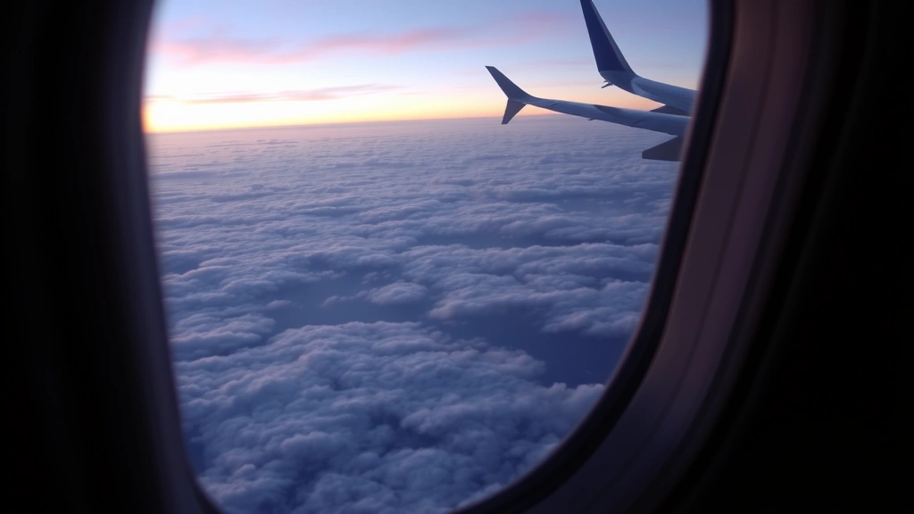 Airplane cabin window view during transatlantic flight over ocean clouds, wing visible, sunset or sunrise colors, peaceful travel moment