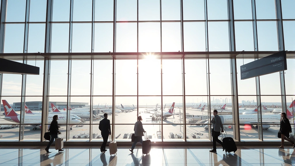 Phoenix Sky Harbor International Airport terminal with modern architecture, planes visible through windows, travelers with luggage, bright Arizona sunlight streaming through glass