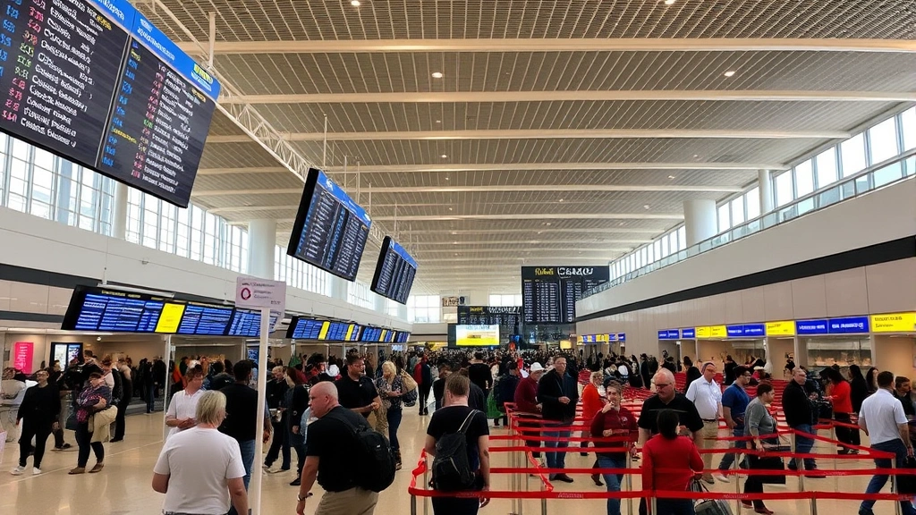Chicago O'Hare International Airport interior with departure boards, gate areas, and busy terminal showing diverse travelers checking in