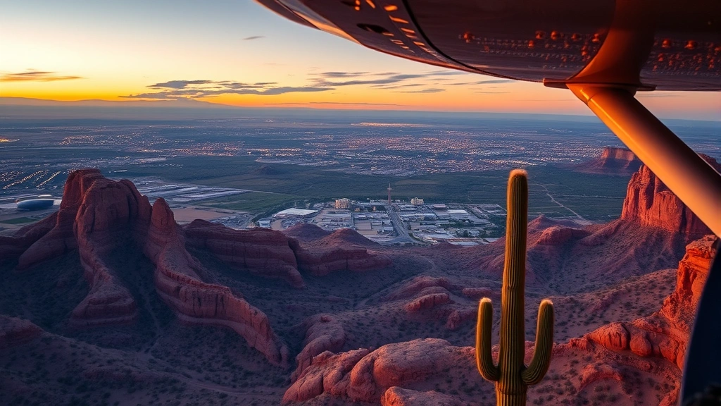 Aerial view of Phoenix desert landscape at sunset with red rock formations, saguaro cacti, and city lights in distance below aircraft
