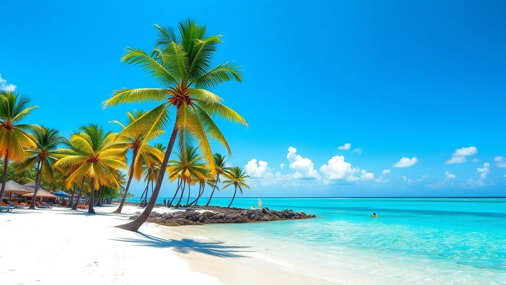 Sunny Tampa beach with palm trees and turquoise water reflecting blue sky, white sandy shore in foreground, relaxation destination