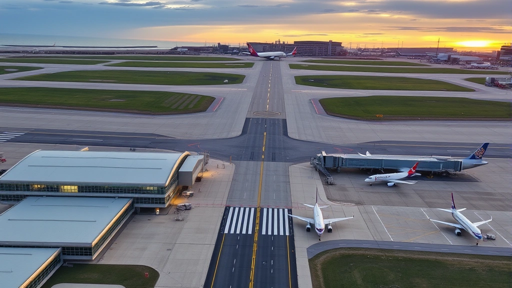 Aerial view of Cleveland Hopkins International Airport runway with modern terminal buildings, sunrise lighting, planes parked at gates, Lake Erie visible in background