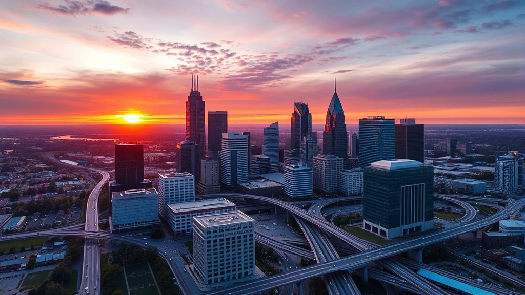 Aerial view of Columbus city skyline at sunrise with downtown buildings and highways, vibrant morning light reflecting off glass towers, professional photography