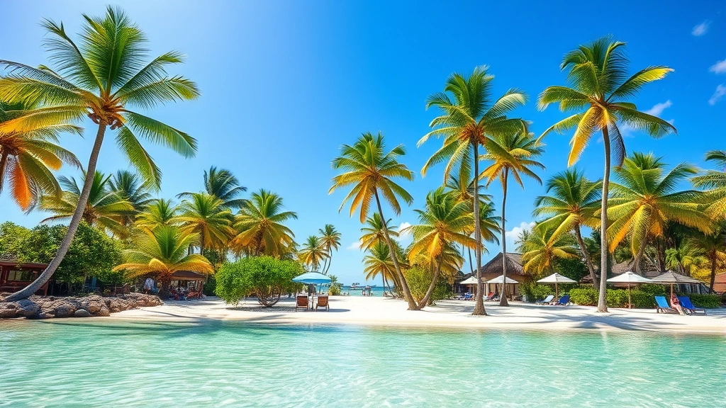 Bright sunny beach scene in Orlando with palm trees, white sand, and turquoise water, vacation atmosphere with clear blue sky, tropical paradise setting