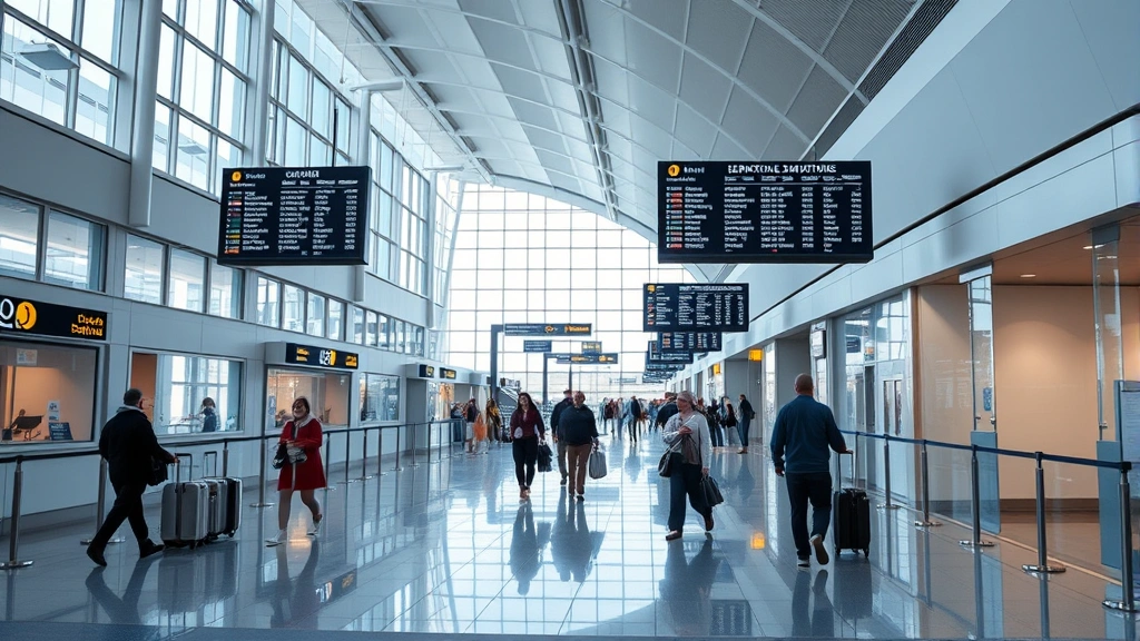 Modern airport terminal interior with departure boards, travelers walking through clean corridors, contemporary architecture with natural lighting and contemporary design