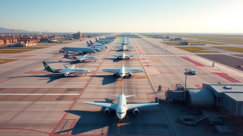 Aerial view of Dallas Fort Worth airport tarmac with commercial aircraft lined up, morning light, clear blue sky, photorealistic, no text or signage visible