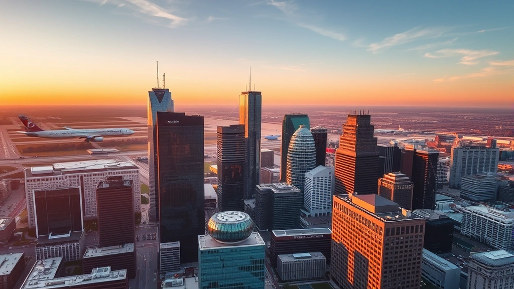 Aerial view of Dallas skyline with DFW airport in background, modern glass buildings reflecting sunset light, Texas urban landscape