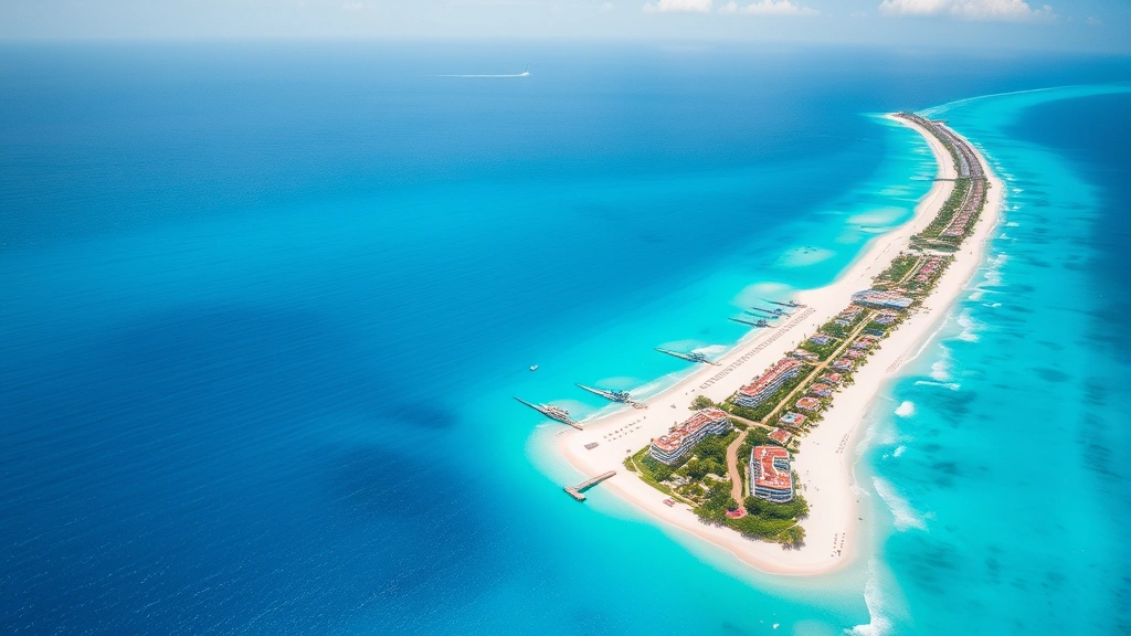 Aerial view of Cancun's turquoise Caribbean waters and white sand beaches with resort hotels lining the shore, vibrant blue ocean gradient, tropical paradise landscape photography