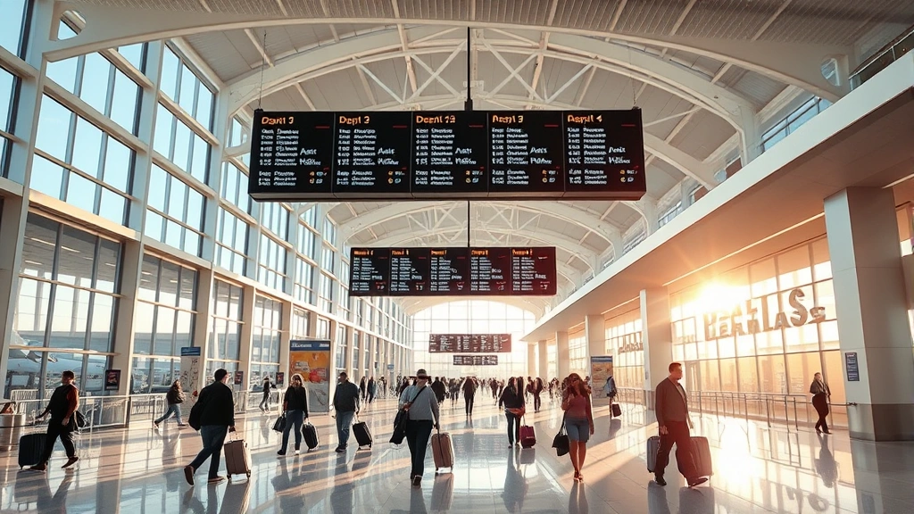 Modern airport terminal interior at Dallas with travelers walking with luggage, departure boards overhead, contemporary airport architecture with natural light streaming through windows