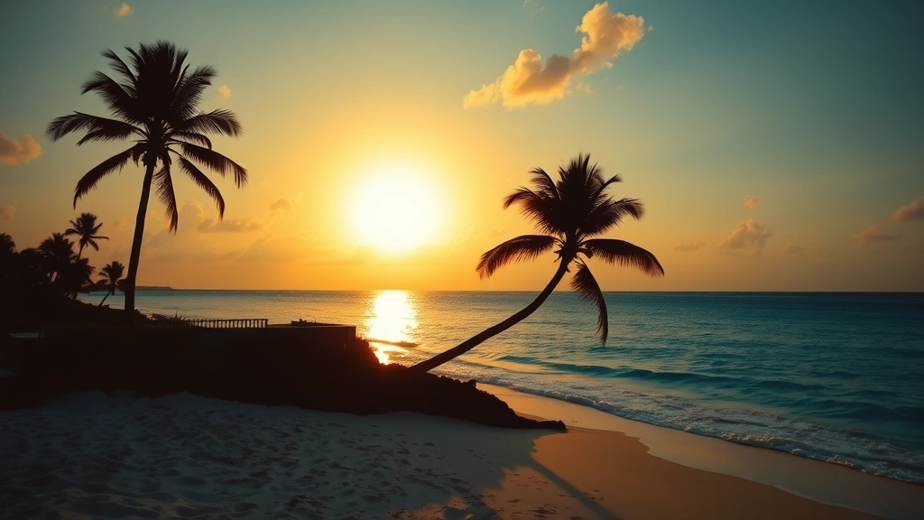 Cancun beachfront sunset scene with silhouetted palm trees, golden hour light reflecting on calm turquoise water, pristine sandy beach with gentle waves, serene vacation atmosphere