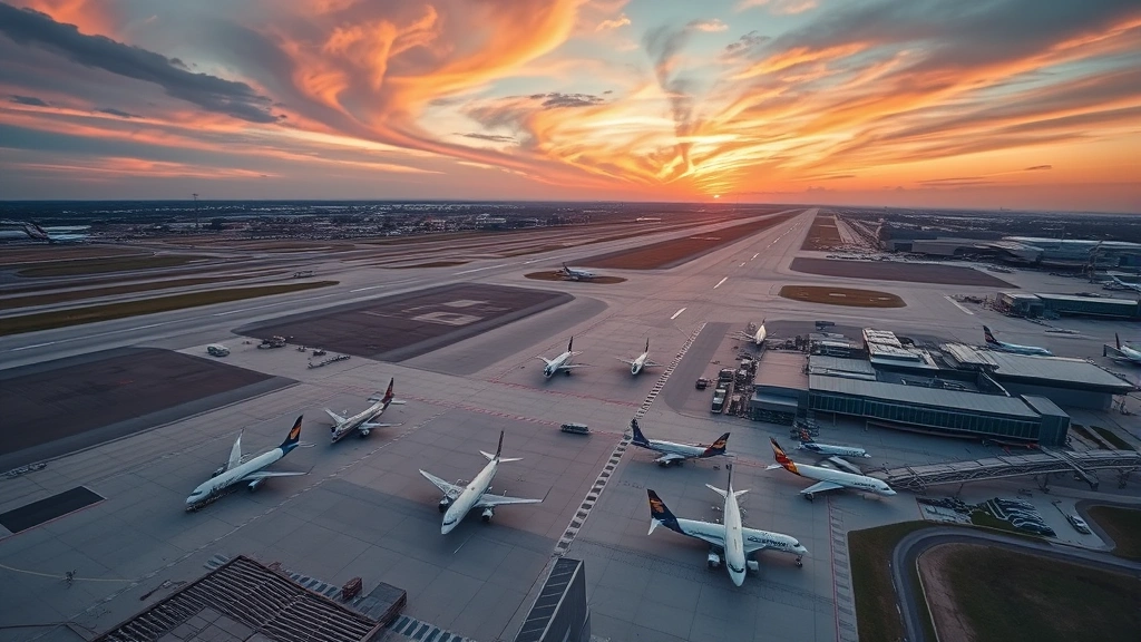 Aerial view of Dallas-Fort Worth airport runways at sunset with planes parked at gates, bustling with activity, wide-angle professional photography