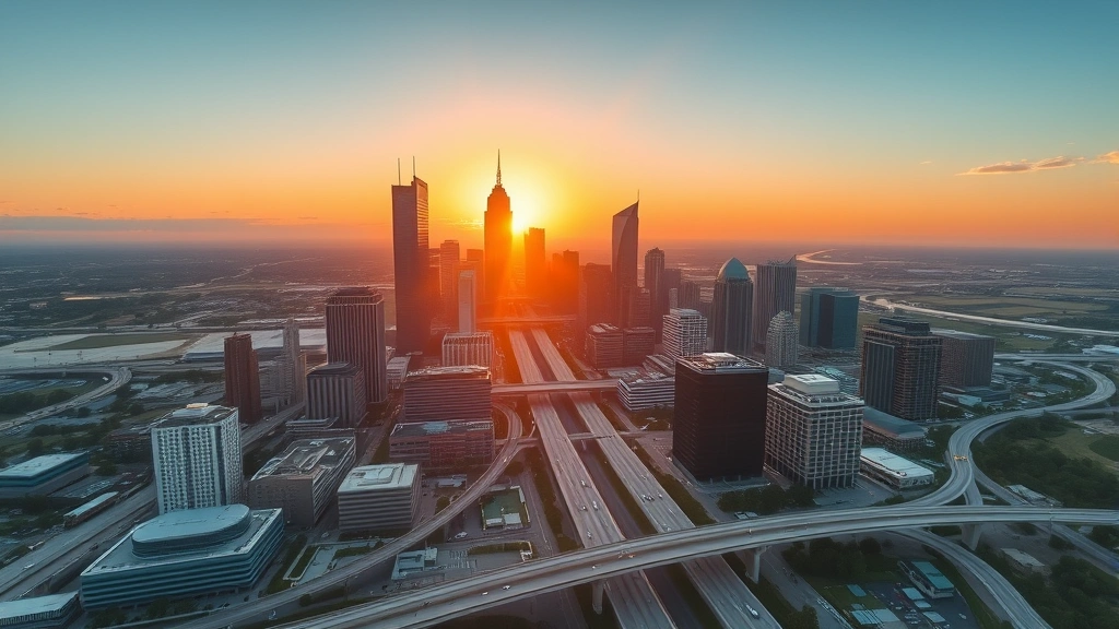 Aerial view of Dallas skyline at sunrise with modern skyscrapers and highways, golden hour lighting, photorealistic, no text