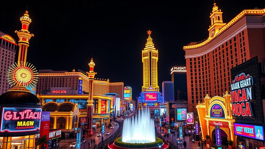 Las Vegas Strip at night with bright casino lights, fountains, and hotels illuminated against dark sky, vibrant neon atmosphere, photorealistic, no text