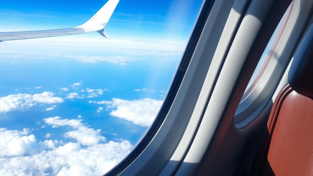 Airplane cabin interior window seat view during flight with wing visible against blue sky and white clouds below, peaceful travel moment, photorealistic, no text