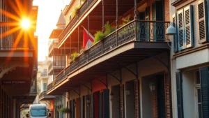 Vibrant New Orleans French Quarter street with historic architecture, wrought iron balconies, colorful shutters, warm golden sunlight, authentic atmospheric street scene