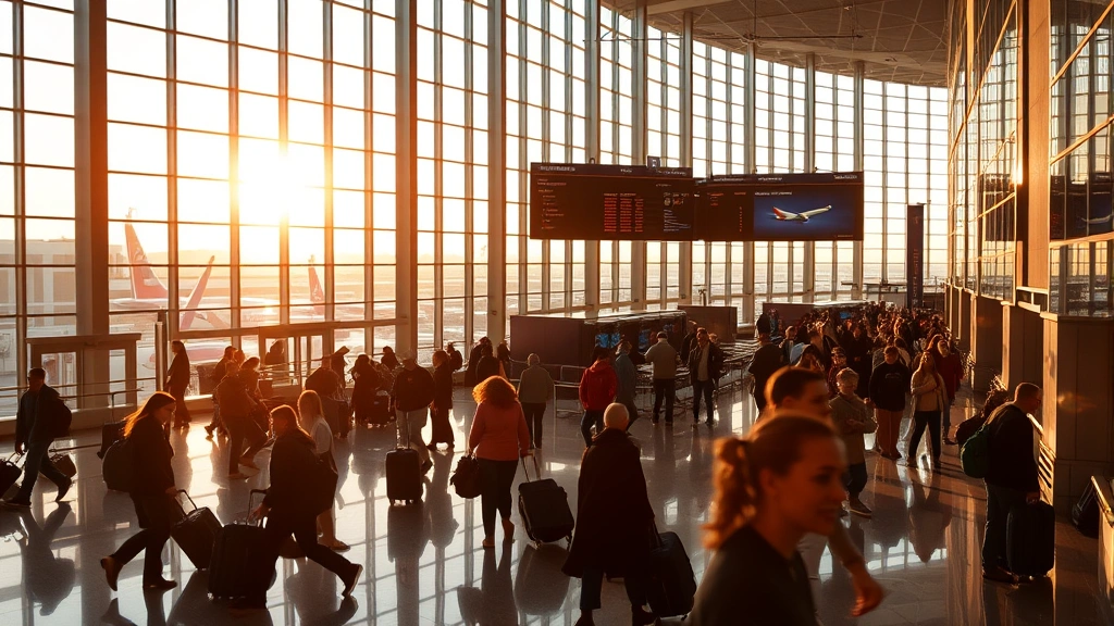 Dallas-Fort Worth International Airport terminal interior during golden hour, modern architecture, travelers with luggage, natural light streaming through windows, vibrant and busy atmosphere