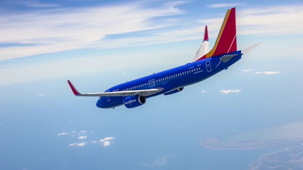 Southwest Airlines Boeing 737 aircraft in flight over Florida landscape, blue sky, sunny conditions, aircraft banking slightly, pristine condition, professional aviation photography