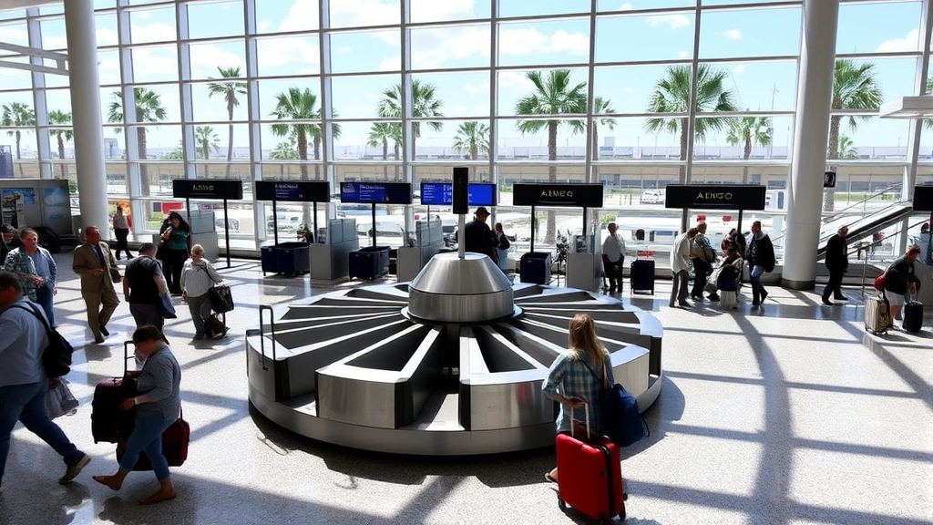 Orlando International Airport baggage claim area with carousel and travelers collecting luggage, modern terminal design, palm trees visible through windows, sunny Florida day, bustling travel hub