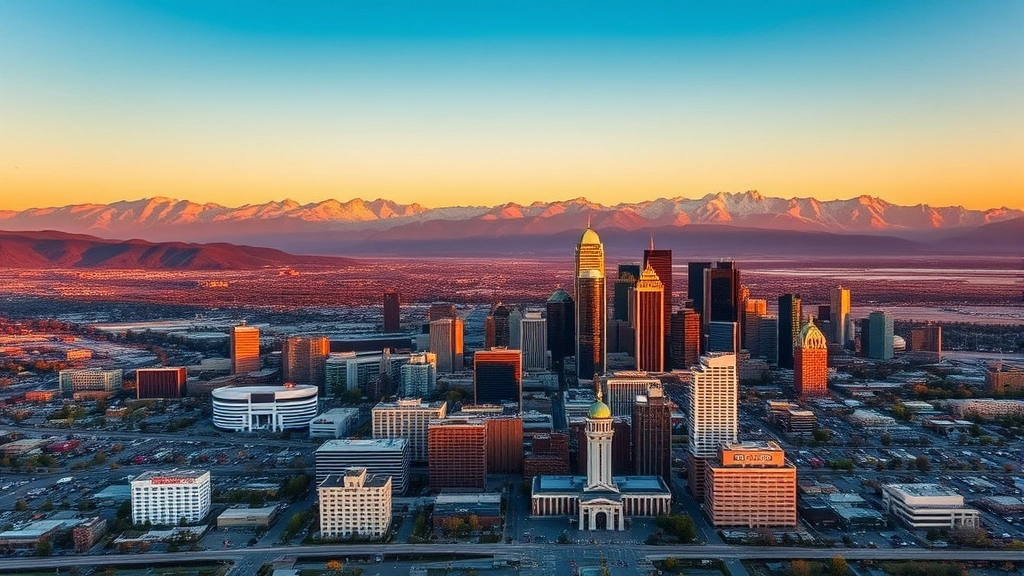 Aerial view of Denver skyline at sunrise with Rocky Mountains in background, golden hour lighting, vibrant cityscape with downtown buildings and clear blue sky