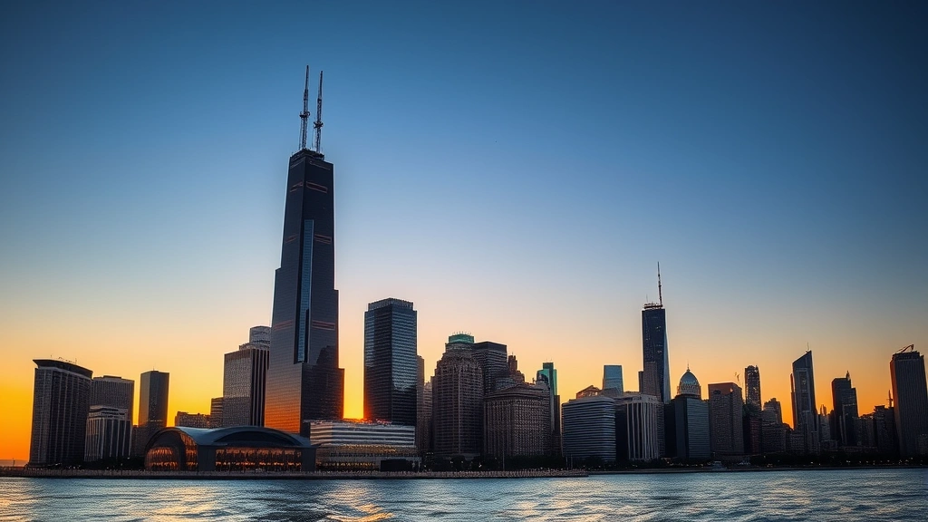 Chicago skyline featuring Willis Tower and Lake Michigan waterfront at sunset, golden hour reflection on water, urban architecture and downtown buildings