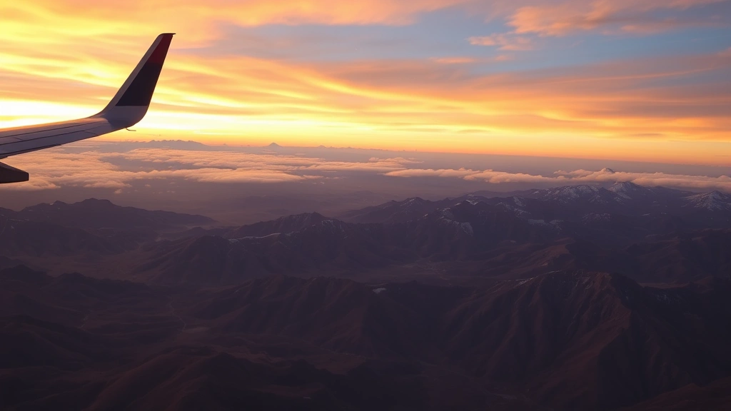 Airplane flying over mountains at sunset, wing view of landscape below, golden clouds and sky, commercial aircraft in flight over Colorado terrain