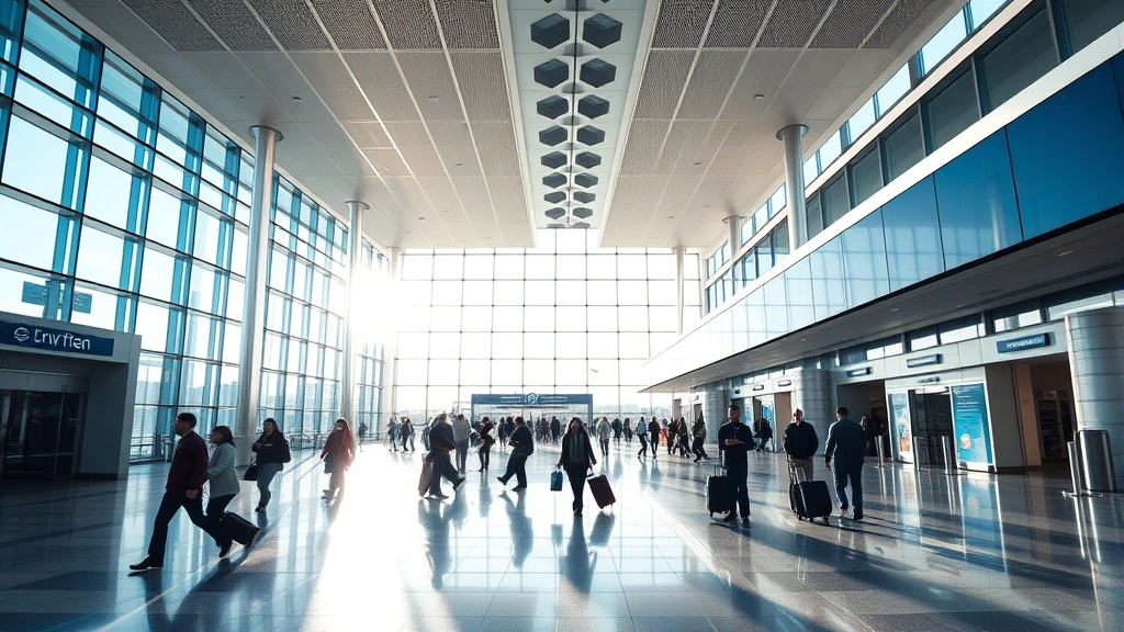 Denver International Airport terminal with modern architecture, morning light streaming through windows, travelers moving through departure hall with luggage, blue and white color scheme, wide angle perspective showing scale and activity