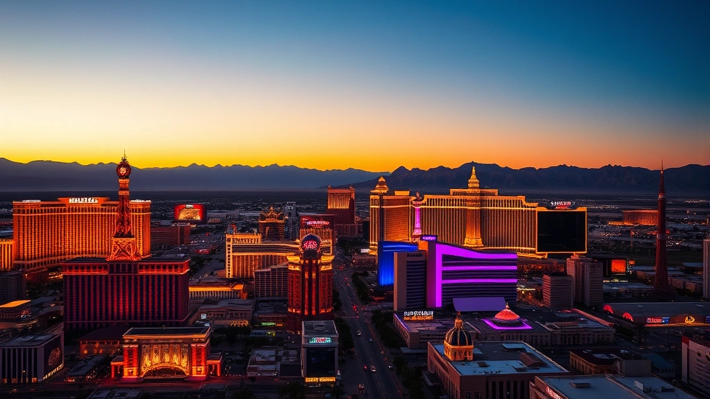 Las Vegas Strip skyline at golden hour sunset, bright neon casino lights beginning to glow, mountains in background, aerial perspective showing the famous hotels and resorts, vibrant desert landscape