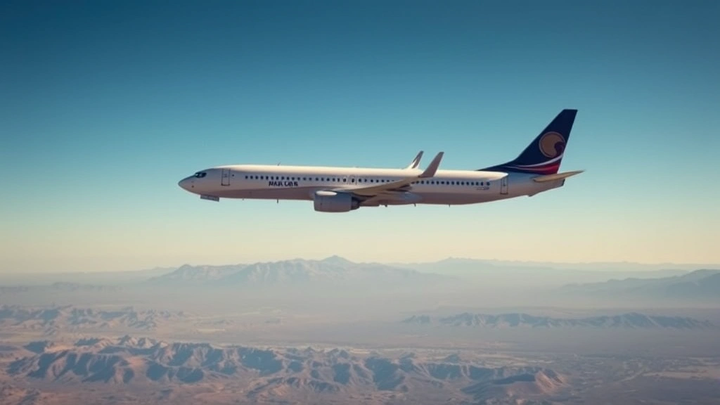 Commercial airplane flying over desert landscape between Denver and Las Vegas, clear blue sky, mountain ranges visible below, aircraft side profile showing commercial jet in flight, natural lighting conditions