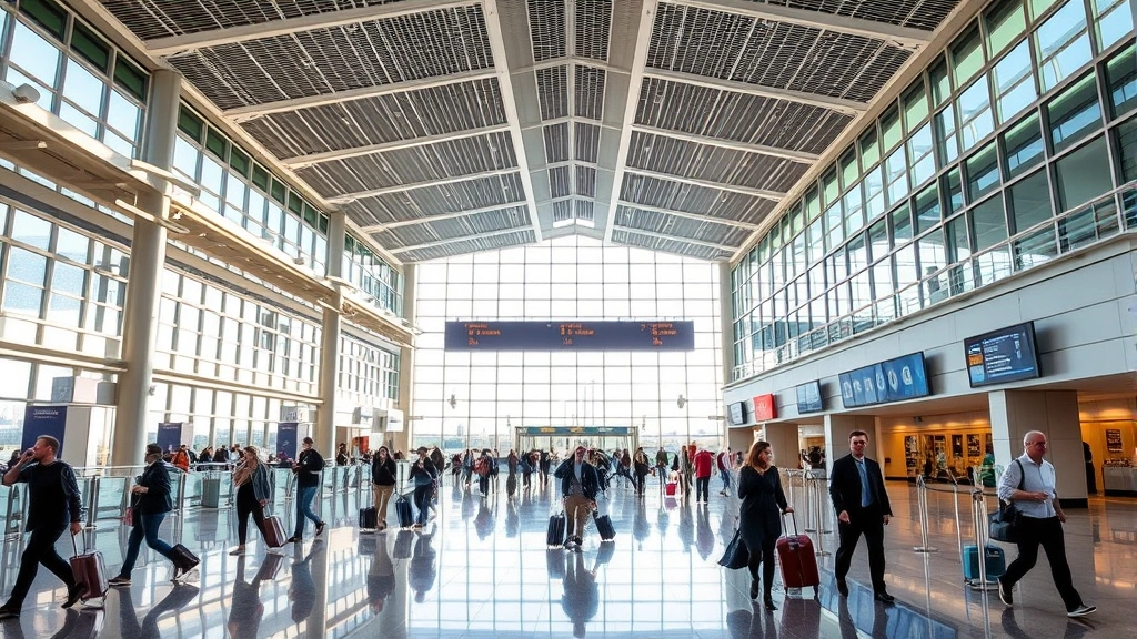 Denver International Airport terminal interior with modern architecture, travelers walking with luggage, natural light streaming through windows, bustling airport atmosphere