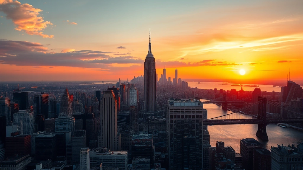 Aerial view of Manhattan skyline at sunset with Empire State Building prominent, Hudson River, NYC bridges, golden hour lighting, urban landscape perspective