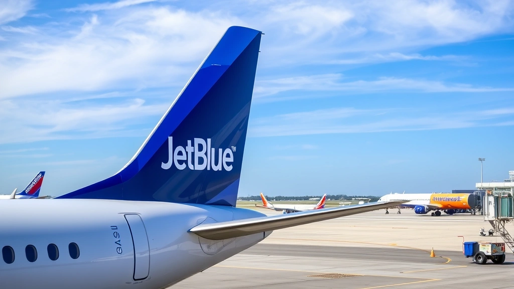 JetBlue or Southwest airplane tail fin on tarmac at airport, modern commercial aircraft, blue sky background, ground crew vehicles visible, professional travel photography