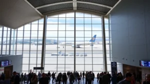 Denver International Airport modern terminal interior with travelers and large windows showing aircraft, natural daylight, bustling atmosphere