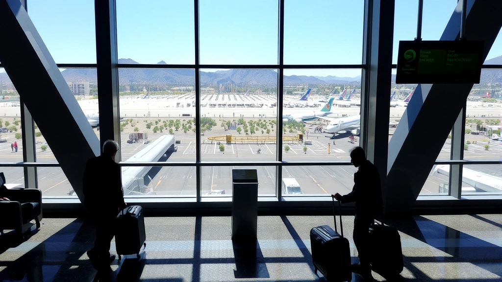 Phoenix Sky Harbor Airport departure area with desert landscape visible through windows, Arizona sunshine, modern architecture, travelers with luggage