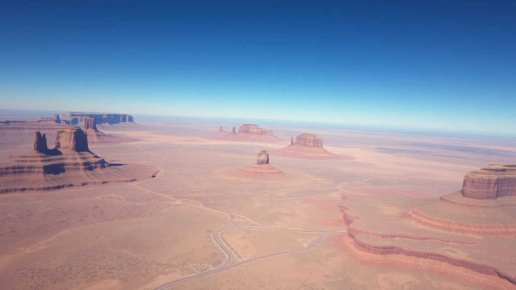 Aerial view of Arizona desert landscape between Denver and Phoenix, red rock formations, clear blue sky, sparse vegetation, flight perspective