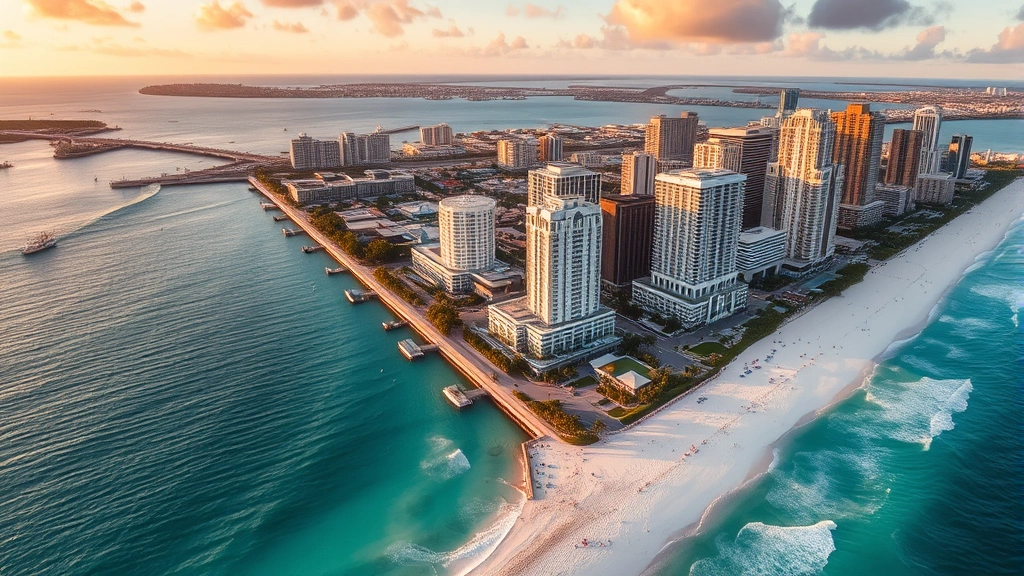 Aerial view of Miami skyline with turquoise ocean, Art Deco buildings, and white sandy beaches at golden hour sunset