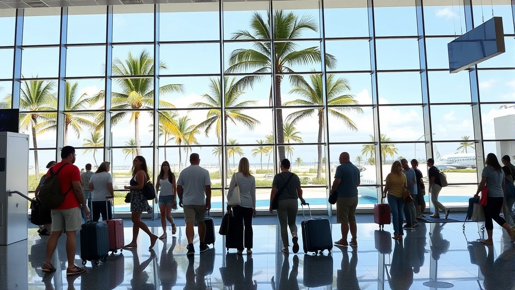 Miami International Airport arrivals hall with palm trees visible through windows, excited tourists greeting family members, tropical atmosphere