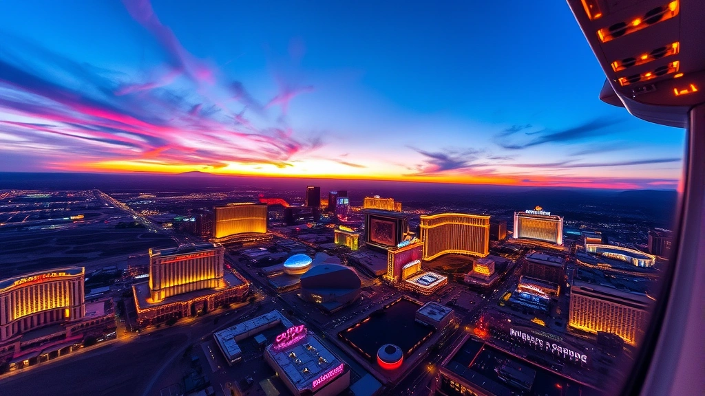 Aerial view of Las Vegas Strip at sunset with neon-lit casinos and hotels glowing against desert landscape, vibrant blue and purple sky reflecting on buildings, wide panoramic perspective from airplane window