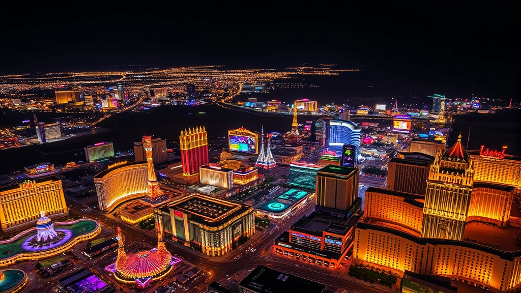 Aerial view of Las Vegas Strip with neon lights and casinos at night, desert landscape surrounding the city, vibrant and glittering cityscape from above