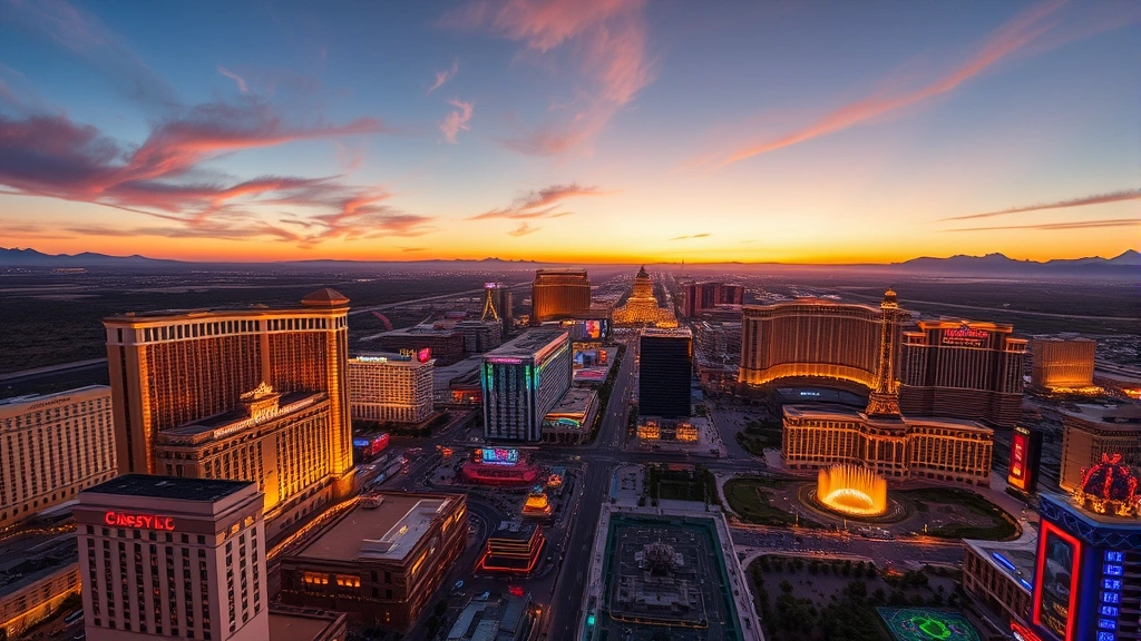 Aerial view of Las Vegas Strip at sunset with casino lights reflecting off desert landscape, vibrant neon glow, wide-angle perspective showing multiple iconic hotel towers and fountains